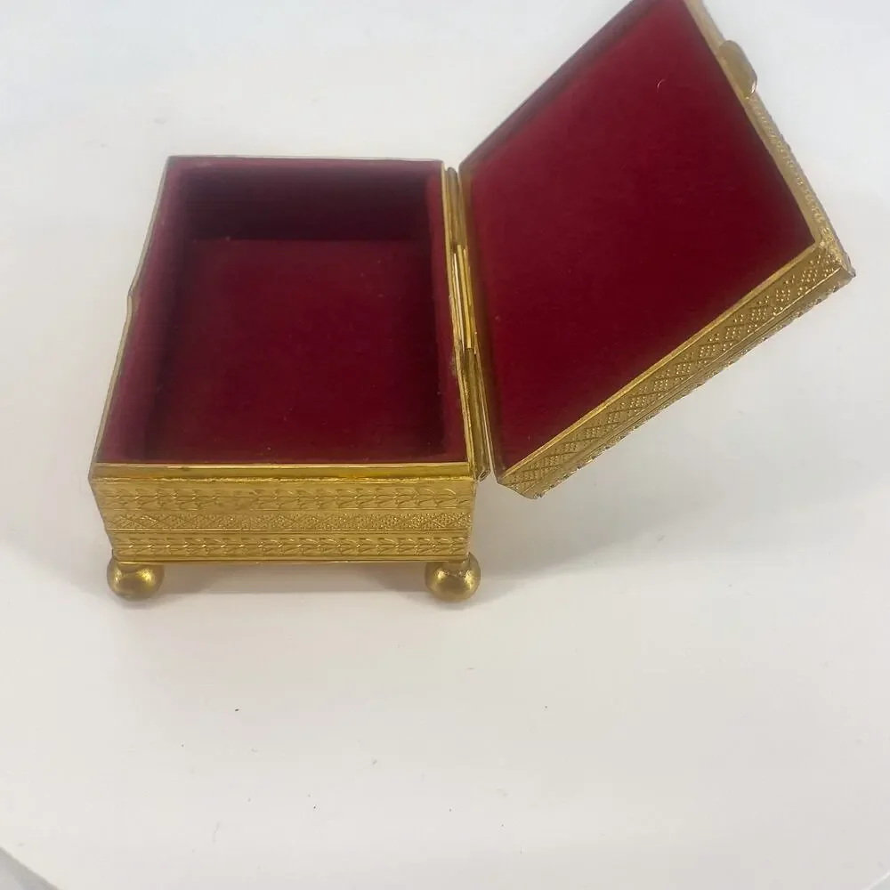 Vintage Austria Jeweled Trinket Box Gold Tone Etched Red Velvet Lined